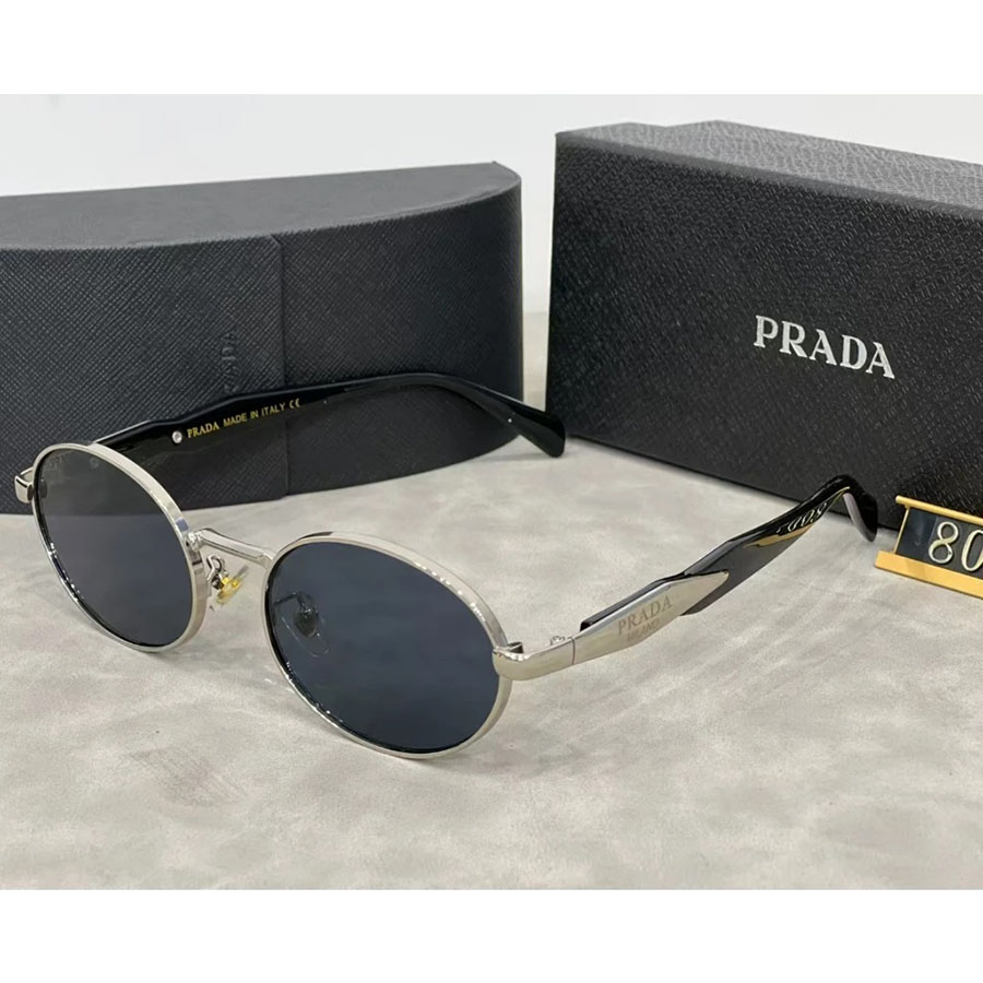 Prada Symbole PR 65ZS Oval Sunglasses Luxury Silver & Black