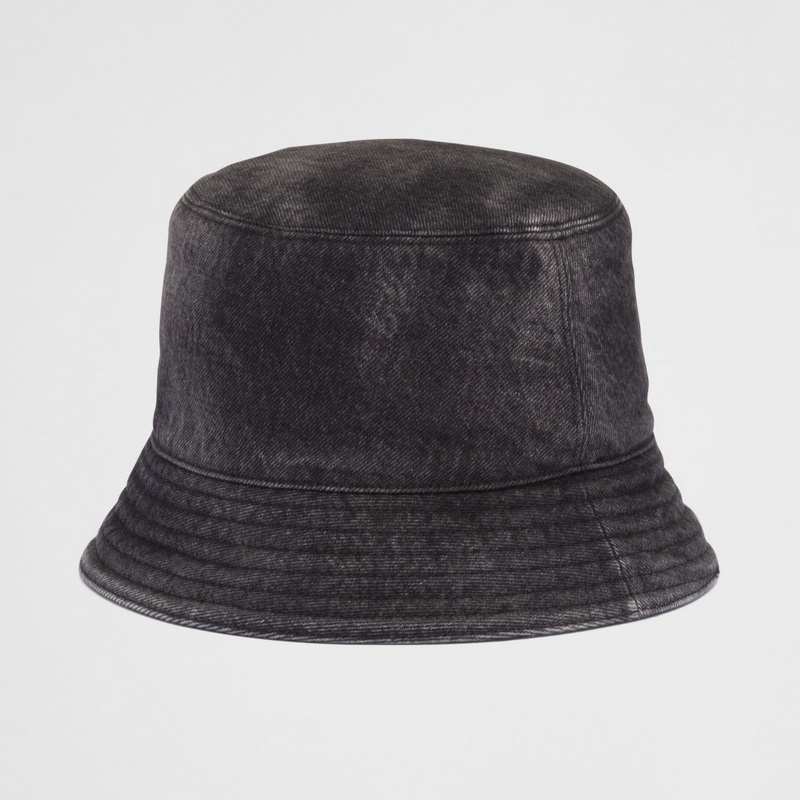 Prada Triangle Logo Black Denim Bucket Hat - Image 2