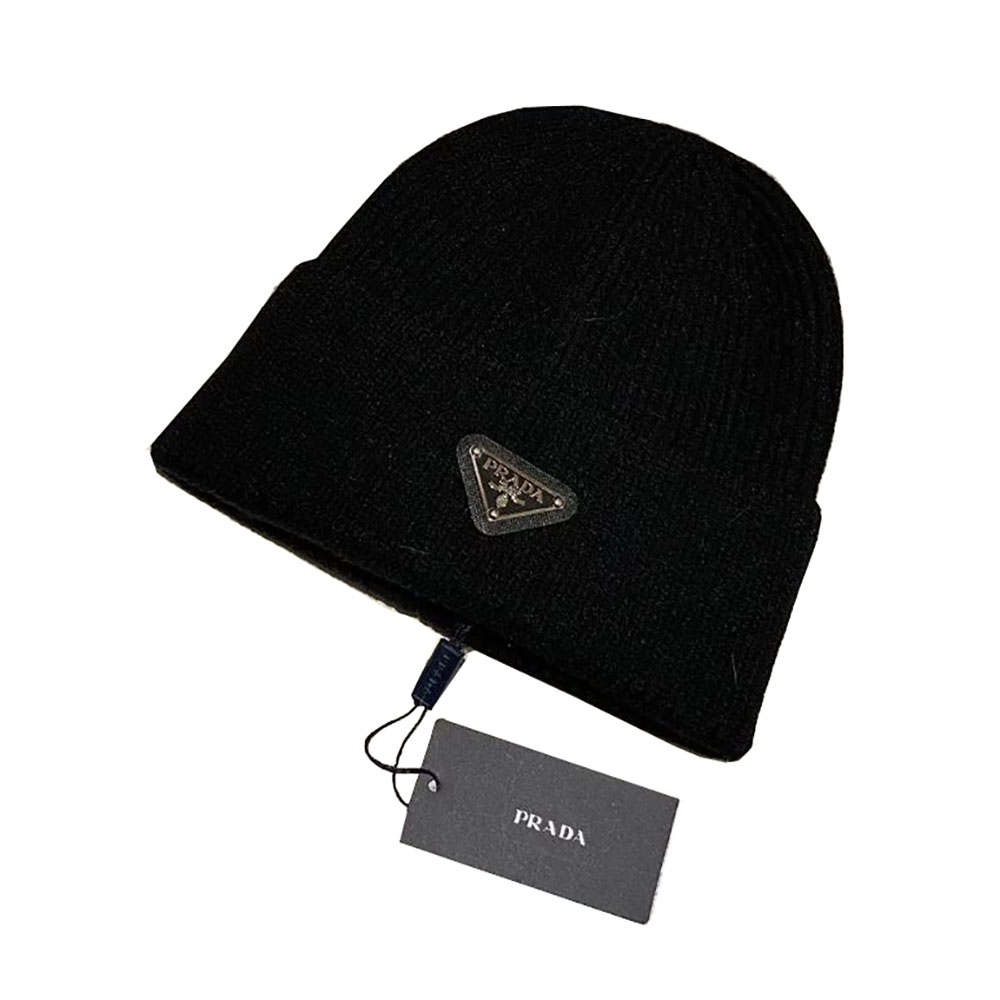 Prada Triangle Logo Beanie Black Wool and Cashmere Beanie
