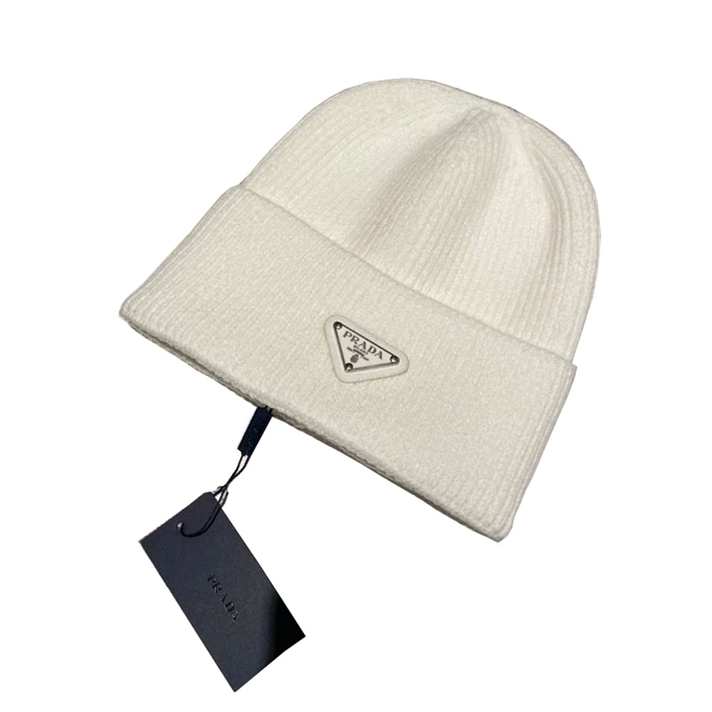 Prada Triangle Logo Beanie White Wool and Cashmere Beanie