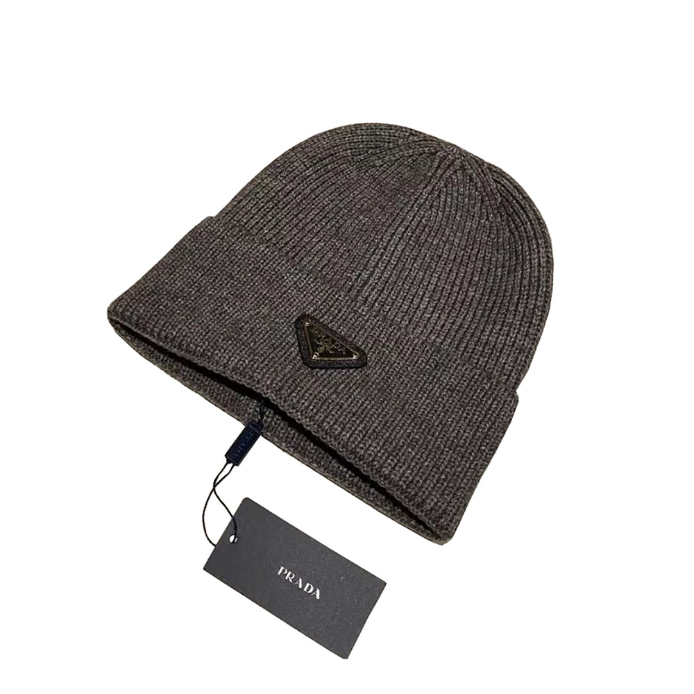 Prada Triangle Logo Beanie Grey Wool and Cashmere Beanie