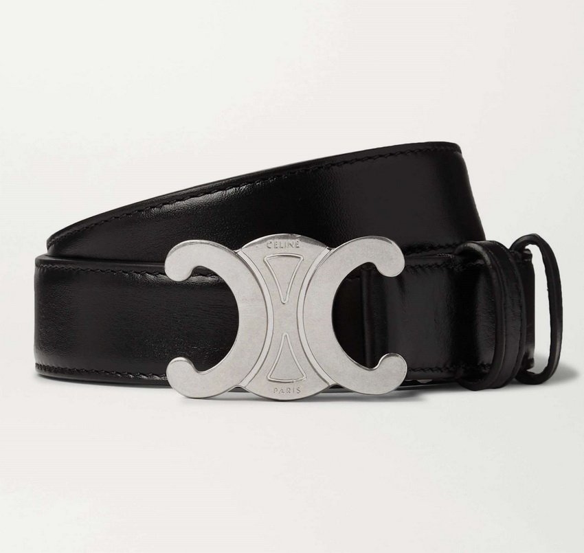 Celine Medium Silver Triomphe Buckle Black Leather Belt