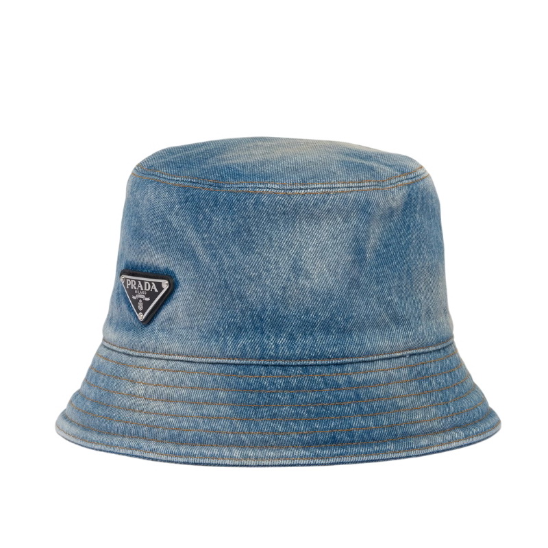 Prada Triangle Logo Light Blue Denim Bucket Hat