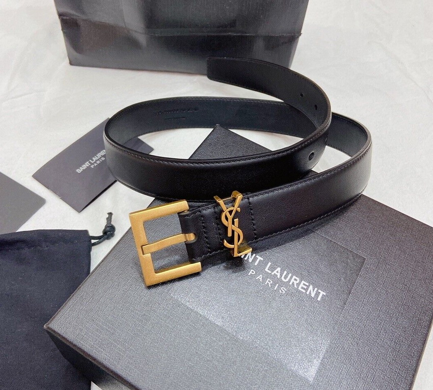 Women's Saint Laurent Ysl Logo Gold Black Leather Belt - Image 2