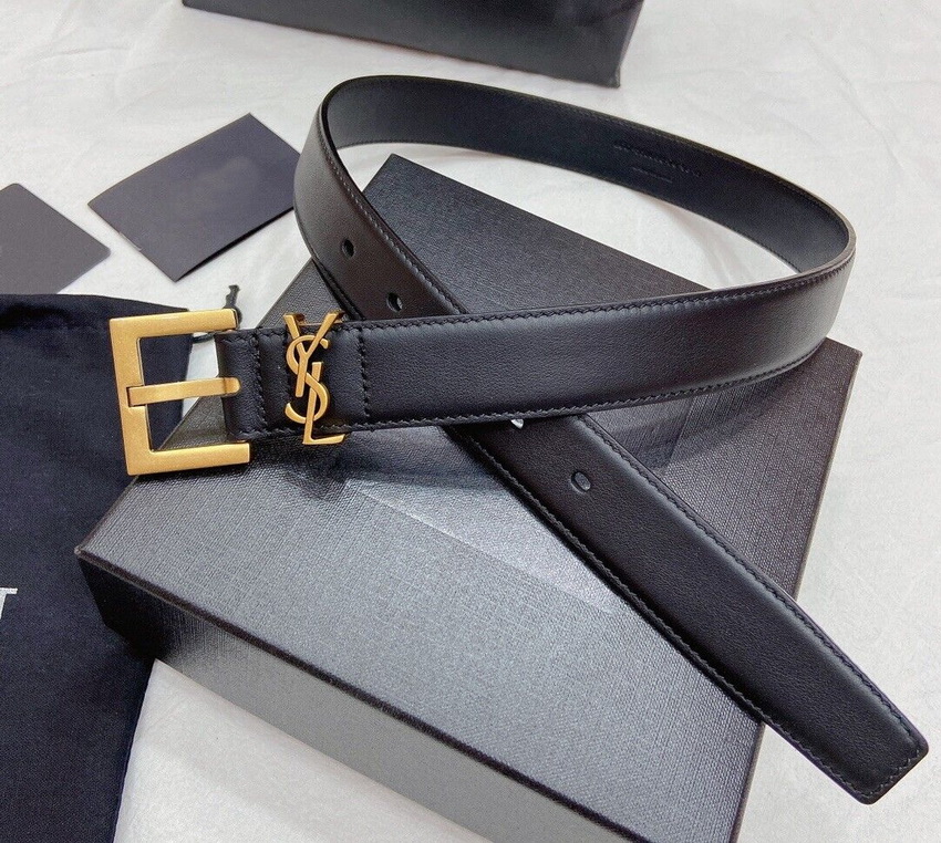 Women's Saint Laurent Ysl Logo Gold Black Leather Belt - Image 3